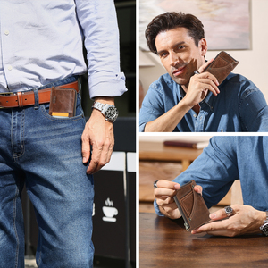 Portefeuille fin en denim pour homme avec porte-cartes RFID, en cuir véritable, avec poche à monnaie zippée, design léger et décontracté - Product Image 5