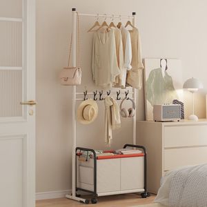 Double Layer Floor <b>Standing</b> <b>Coat</b> <b>Rack</b> With Storage Basket Mobile Clothing Organizer For Bedroom Home Use - Product Image 1