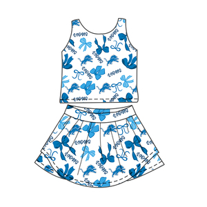 Completo coordinato personalizzato per fratelli e sorelle: Top senza maniche <span class=keywords><strong>blu</strong></span> con fiocco e gonna, vestito al ginocchio, <span class=keywords><strong>pantaloncini</strong></span> da yoga, abbigliamento sportivo carino - Product Image 3