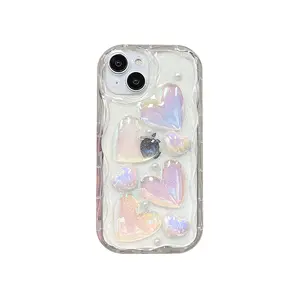 Capa de celular com laser 3D para iPhone 15 Pro 14 13 XS 12 XR, capa com cores de coração e glitter para celular feminino, amor 3D
