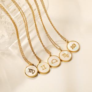Joyería de Moda, Collar con Símbolo del Zodiaco en Acero Inoxidable Chapado en Oro de 18K, Colgante Redondo con Letra, Collar con Horóscopo para Mujer - Product Image 1