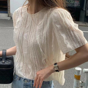 Blusa Coreana de Verão 2026 com Babados, Camisa Feminina Chique de Design Moderno Solta Casual para o Dia a Dia, Tops de Rua, Dropshipping - Product Image 1