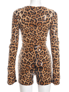 Body de Lentejuelas con Estampado de Leopardo y Cuello Cuadrado para Mujer, Mono Sexy de Manga Larga, Mono Corto para Fiesta Nocturna en Club - Product Image 5
