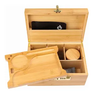 Organizzatore di personalizzazione scatola di immagazzinaggio a prova di odore in legno accessori per fumatori Kit scatola di scorta di bambù con vassoio di rotolamento