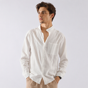 Camicia Casual da <span class=keywords><strong>Uomo</strong></span> OEM/ODM in Cotone e <span class=keywords><strong>Lino</strong></span>, Tinta Unita, con Tasche, Colletto Alto, Maniche Lunghe, Traspirante, ad Asciugatura Rapida, Vestibilità Comoda - Product Image 1