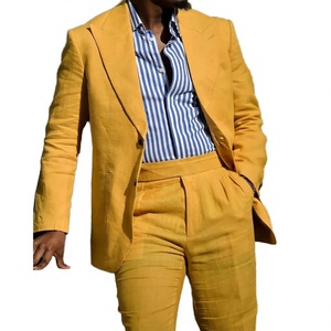Fashion Summer <b>Yellow</b> Linen/Cotton Single Breasted Notched Collar <b>Men's</b> Slim Fit Casual Suit <b>Blazer</b> High Quality High Street - Product Image 2
