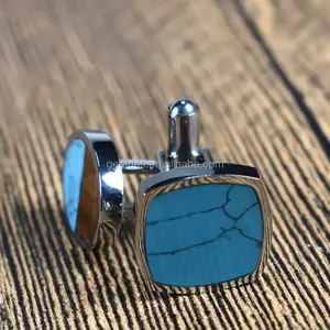 Gemelos personalizados de joyería Gentdes Chapado en plata Titanio Acero Turquesa y incrustaciones de madera Fabricación de joyas Gemelos de lujo para hombres - Product Image 1