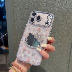 Cartoon KT <b>Cat</b> Flower Mobile Phone case for iPhone 17 Air 16 15 Pro Max Mirror Bow cute Camera Frame glass 3D Diamond back Cover - Product Image 5