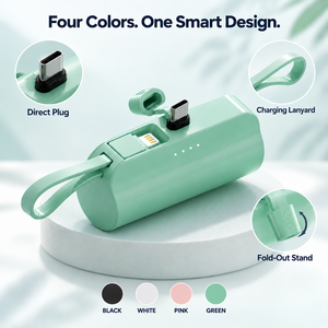 Chargeur portable compact 5000 mAh avec câble de charge intégré, alimentation 10 W, double port USB, support de téléphone pliable - Product Image 3