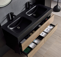 Set wastafel ganda modern bergaya industrial dengan kabinet samping ganda, cermin LED bundar, dan bak cuci resin hitam OEM