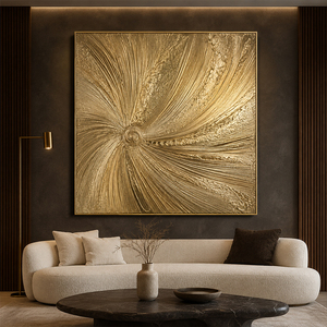 Dipinto Personalizzato Radiale in Oro Impasto su Tela Quadrata, Arte Murale con Texture a Raggi di Sole e Oro Metallico Fuso - Product Image 1