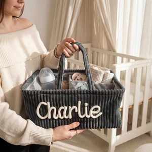 Panier de rangement en velours côtelé personnalisé avec nom, panier à linge, corbeille à couches, cadeau attentionné pour les parents à venir, les nouveau-nés - Product Image 5
