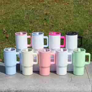 Wholesale 20oz Double Wall Stainless Steel Tumbler Leak-Proof Macaron <b>Mug</b> <b>Handle</b> Straw Reusable for Outdoor <b>Travel</b> Kids Safe - Product Image 2