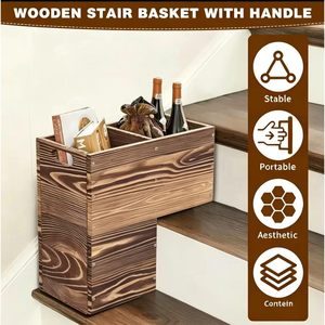 Cesta de almacenamiento rectangular de madera para escaleras, 3 niveles, con asa, para almacenamiento en la sala de estar, multiusos - Product Image 5