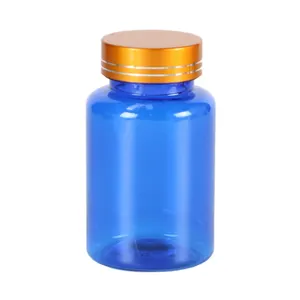 Diskon besar botol plastik hewan peliharaan biru 120ml wadah pil Tablet kapsul kemasan suplemen dengan penutup metalik emas