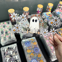Décalcomanies PET imperméables DTF UV pour gobelets, motif Floral Ghost Halloween, pour verres Libbey de 16 oz, style Cottagecore Daisy Witchy Spooky, vente en gros