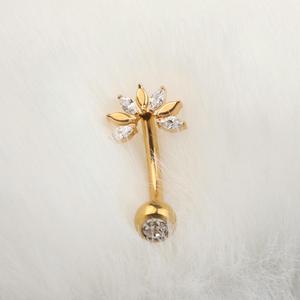 Anneau de nombril en titane doré ASTM F136 avec CZ, filetage interne, fleur à cinq pétales, bijoux de piercing pour le nombril - Product Image 3
