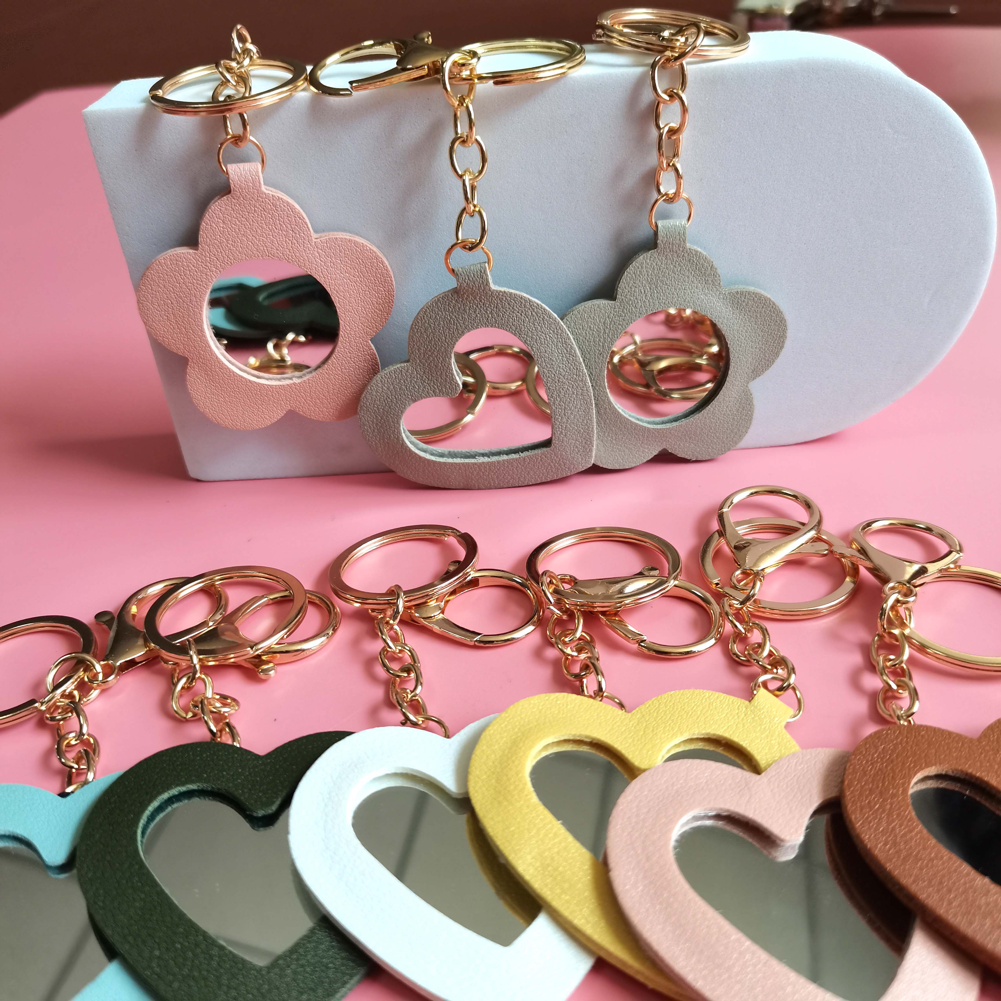 Sweet Heart Shaped PU Leather Pocket Mirror with Key Chain