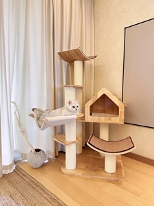 Tour d'escalade pour animaux de compagnie en bois massif de caoutchouc, avec structure en papier kraft tressé, colonne en chanvre et poteau en sisal, pour griffer et grimper - Product Image 4