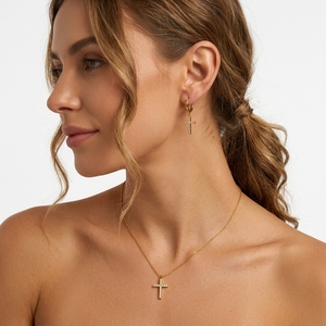 Parure de bijoux 2026 en acier inoxydable plaqué or 18 carats PVD, étanche, hypoallergénique, avec pendentif croix et zircon cubique, collier et boucles d'oreilles - Product Image 2