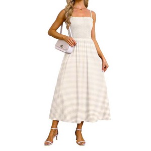 Robe longue décontractée bohème pour femme, à bretelles spaghetti, smockée avec poches, collection été-printemps 2026, épaules dénudées, idéale pour la plage - Product Image 3