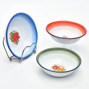 Bassin strié coloré en émail métallique nostalgique à l'ancienne de bonne qualité avec couvercle bassin de soupe de nouilles de gâteau de salade multi taille - Product Image 1