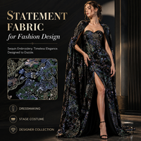 Tissu en tulle noir brodé de fleurs, de sequins et de perles, dentelle en maille brodée multicolore pour robes de soirée haute couture, sur mesure OEM