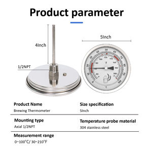 5" Dial Fully Stainless Steel <strong>Thermometer</strong> Brewing Bimetal <strong>4</strong>" Stainless Steel Stem <strong>1</strong>/2" <strong>NPT</strong> Industrial <strong>Thermometer</strong> - Product Image 3