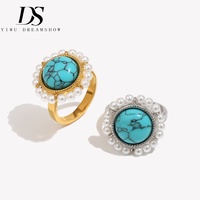 Bague Dreamshow en acier inoxydable plaqué or avec imitation perle turquoise, bijou fantaisie vintage, vente en gros