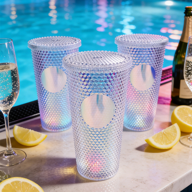 24 OZ Plastic LED Double Wall Diamond Tumbler Light up Cup with Straw and Lid Rhinestone Cup