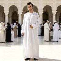 Thobe musulman pour homme à col rond sans col, robe de prière islamique en polyester, vêtement musulman adapté au Mawlid et aux activités de culte