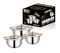 Ensemble d'ustensiles de cuisine de luxe en acier inoxydable 201, poignée or rose, couvercle en verre, épaissi, 6 pièces, double fond, compatible induction