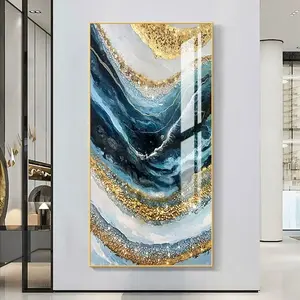 Hotel Porch Decoration Frames Crystal Porcelain Painting Custom Wall Glass Luxury Abstract Picture Art Decor Painting Golden QZX