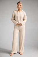 Conjunto de pijama de 2 piezas para mujer al por mayor, de poliéster acanalado, con capucha, manga larga y pantalón de pierna ancha, personalizado OEM ODM