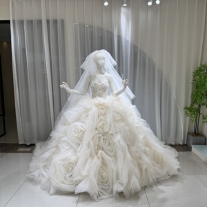 Robe de mariée de luxe Lsoy064 en organza crème avec rosettes, dentelle et perles, coupe princesse avec traîne et voile, sur mesure Jancember - Product Image 1