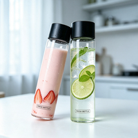 Bouteille en verre personnalisée pour jus, eau ou boisson, cylindrique, avec couvercle noir, disponible en 250ml, 300ml, 350ml, 400ml, 450ml, 500ml