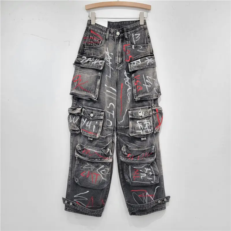 Bomblook C320PT 2024 Graffiti-Buchstabendruck Neuzugang High Street Damen schwere Jeans Freund Herrenhosen Denim Jeans Damen