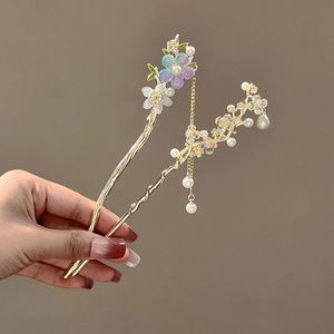 Bâtonnet à cheveux en perles et strass de style chinois ancien pour femmes, épingle à cheveux vintage en cristal, accessoire de coiffure - Product Image 1