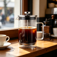 Cafetière à piston en verre borosilicate résistant à la chaleur, acier inoxydable argenté, design contemporain pour hôtel et restaurant