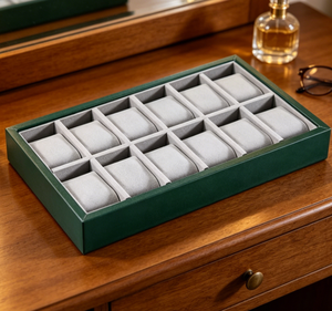 <b>Green</b> Leather Material Modern Square Watch Display Tray Organizer Fashion Jewelry Container with <b>Velvet</b> Lining - Product Image 5