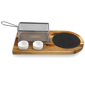 Aggiornato due ciotole di immersione in ceramica fritture in acciaio inossidabile cestello in ardesia liscia Acacia legno Burger piatto da portata per cucina - Product Image 1