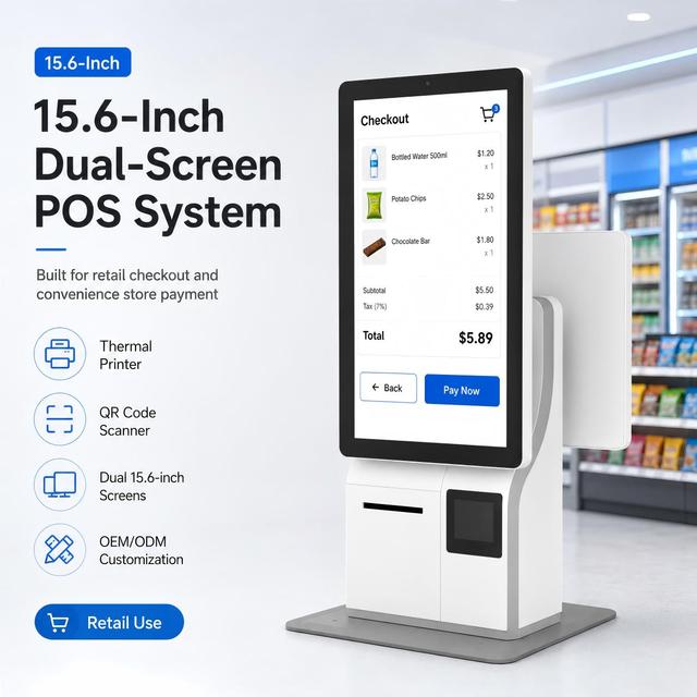 All-in-One 15.6 Inch Dual Screen POS Terminal with Thermal Printer Integrated Scanner Android/Windows Wi-Fi 6 & Bluetooth 5.2