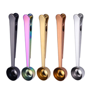 Meilleure vente cuillère à café en métal 2-en-1 cuillère à mesurer le lait et le café en acier inoxydable avec clip d'étanchéité pour sac de polissage miroir - Product Image 1