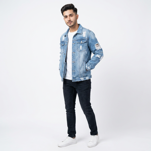 Top Manufacturer Men's <b>Denim</b> <b>Jackets</b> with Stand Collar and Front Logo Vintage Style Windproof Hooded ODM Services - Product Image 1