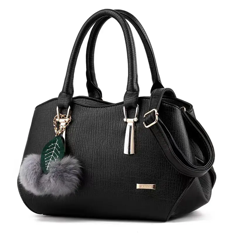 2022 Latest African Trendy Fashion Vegan Leather Women Large Handbag Tote with Furry Ball