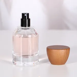 30ml 50ml 100ml Empty Transparent Brown Cylindrical Perfume Spray Glass Bottle With Wooden Lid