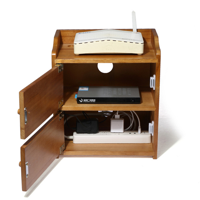 Big 2 Drawers Solid Color Wooden Wifi Router Storage Boxes Wood Wall Shelf Cable Box Wood Organizer