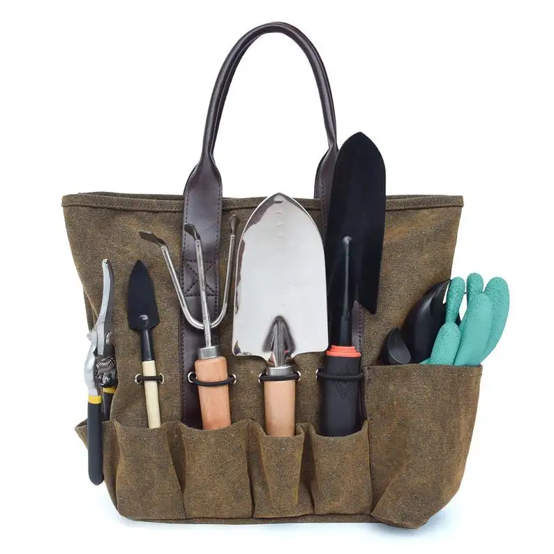 Custom Durable Garden Tools Set Premium Waxed Canvas Garden Tool Storage Tote Bag