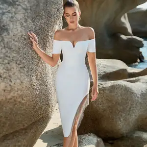 2023 New Summer White Color Black Color Short Sleeve Slash Neck Bodycon Bandage Dress Party Sexy & Club Cocktail Dresses