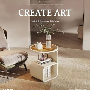 Tavolo laterale curvo moderno a due livelli in vetro e legno con ripiano aperto per soggiorno camera da letto pianta libro Display - Product Image 6